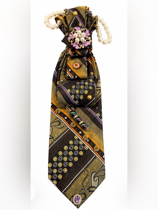 Jewelry - UBC Embellished up-cycled Statement Tie Necklace Rhinestone Wearable Art